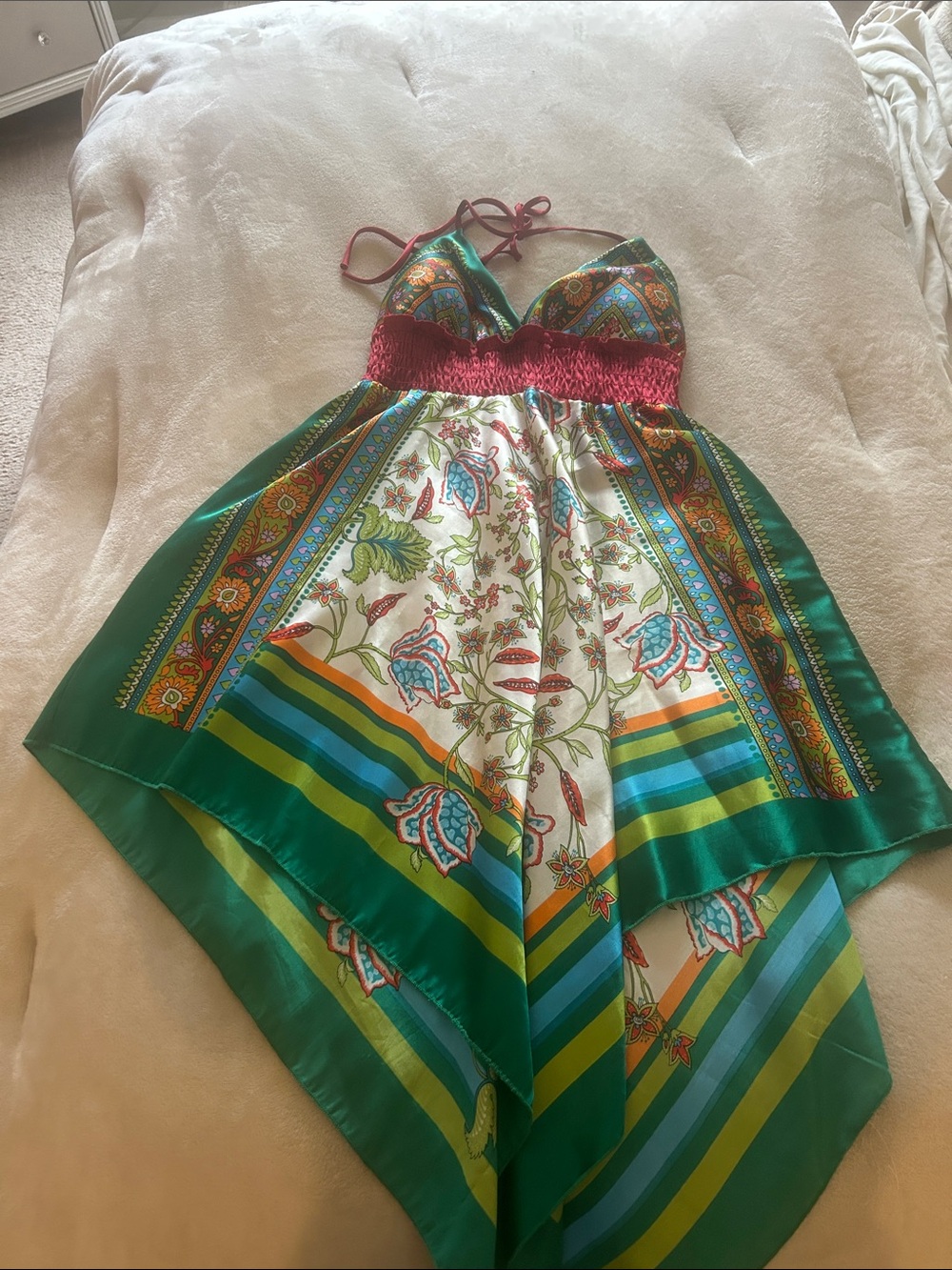 Green Floral Handkerchief Hem Sundress with Red Smocked Waist